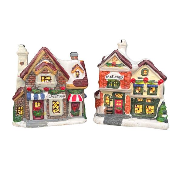 Christmas Village Candy Bake Shop Ceramic House Seasonal Decor Set of 2 - Picture 1 of 9